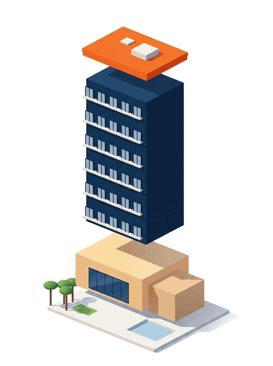 An exploded diagram of a condo building separated into its shared layers: site and landscaping, lobby and clubhouse, the residential building envelope, and the roof.