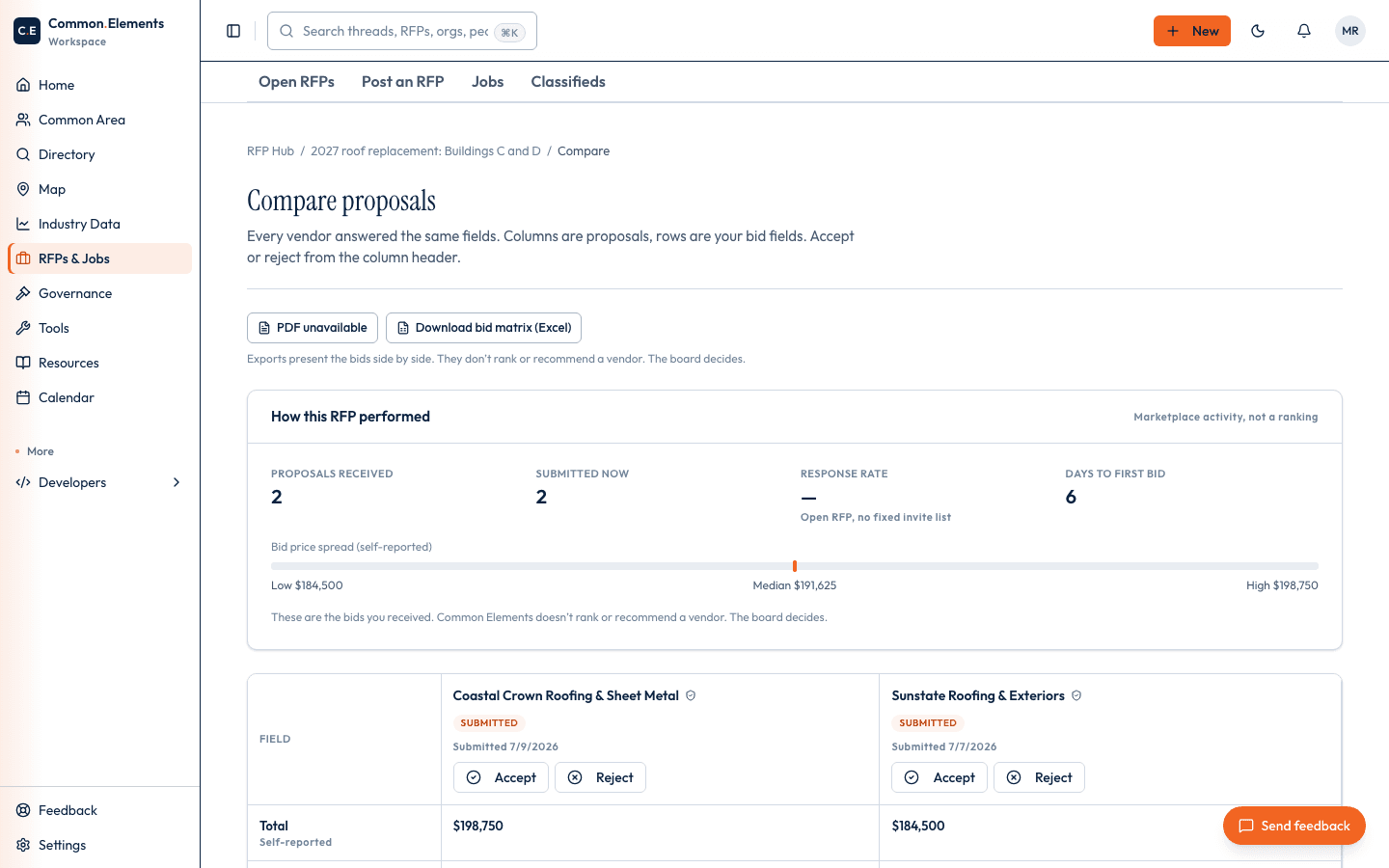 The RFP Compare screen in Common Elements, showing two vendor proposals for a roof replacement project side by side with bid price, timeline, and scope of work compared field by field.