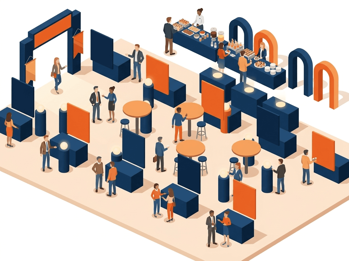 An illustrated expo hall with vendor booths, cocktail tables, and community-association managers, board members, and vendors meeting.